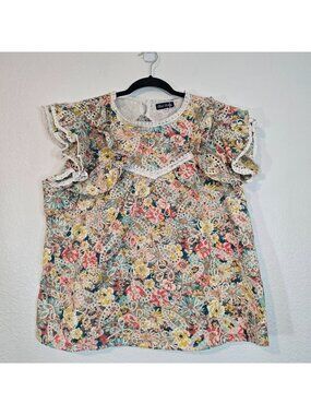 Trish Scully Floral Blouse Top Women Size 10 Eyelet Flutter Sleeve Paisley Boho